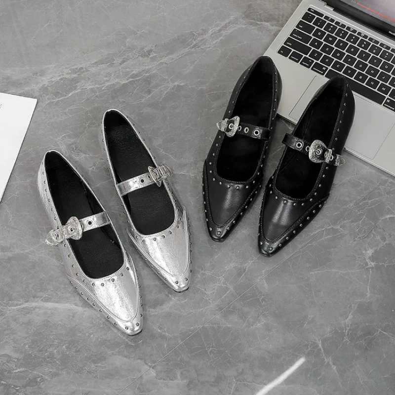 

Женские танцевальные туфли, легкие туфли Мэри Джейн с заклепками в стиле панк, повседневные туфли с металлическим острым носком для фестивалей, вечеринок и уличной моды
