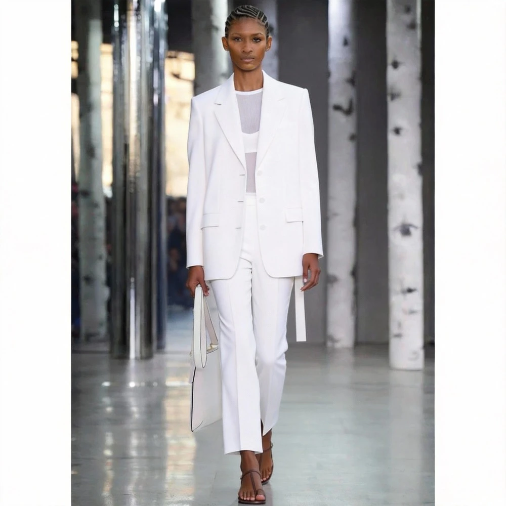 Commuter Minimalist Style White Women's Single-Breasted Blazer&Pants 2 Piece Set Notch Lapel Loose Office Casual Female Outfit