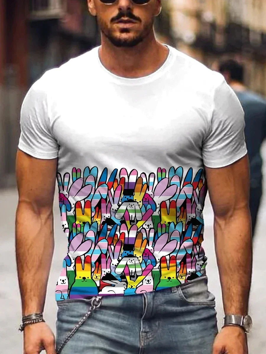 

2023 Summer Men's Printed Casual Crew Neck Short Sleeve T-Shirt Men's Rainbow Bunnies Print Casual T-Shirt 3D Printed T Shirt