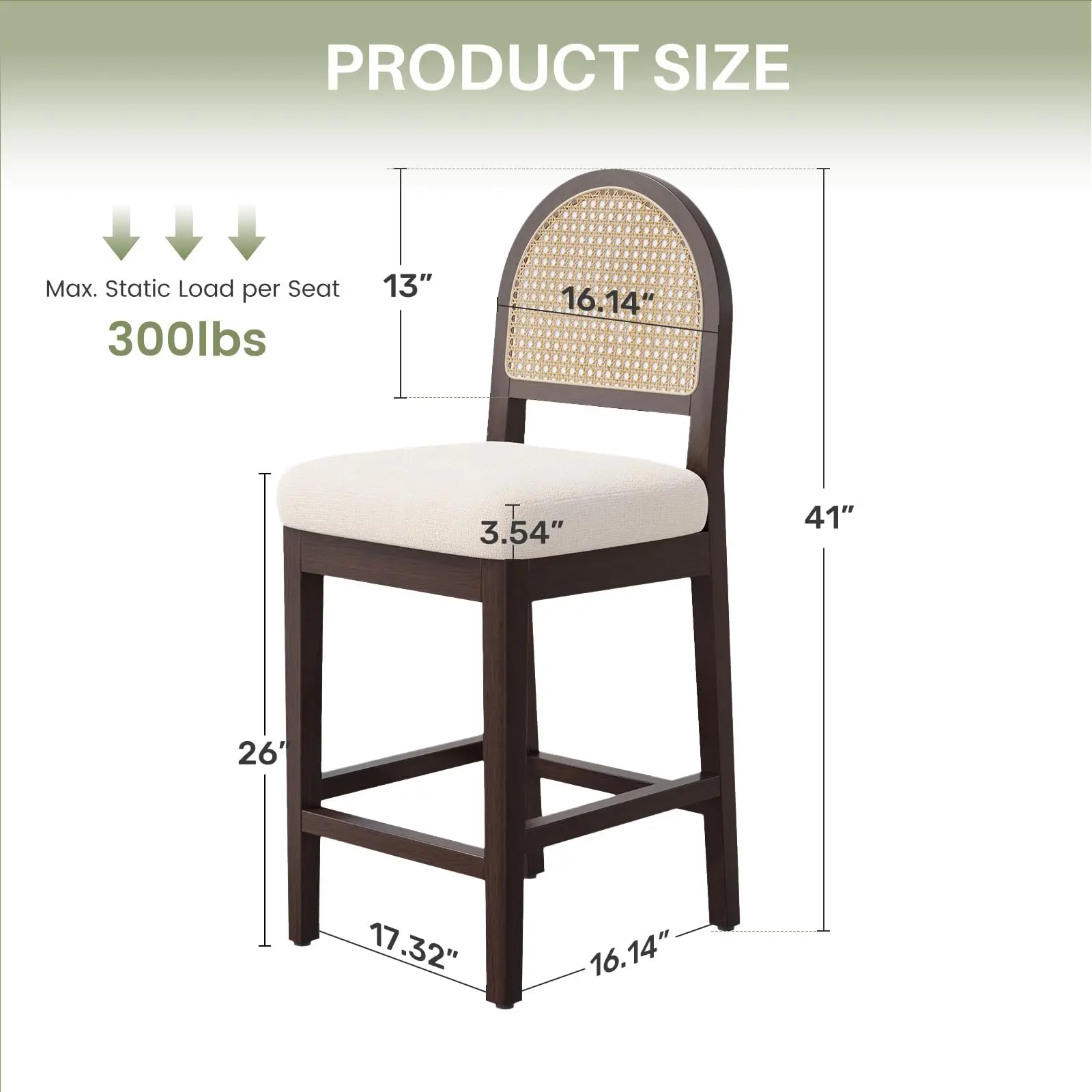 Farmhouse Rattan Counter Height Bar Stools Set of 2, Chenille Upholstered Barstools with Solid Wood Frame & Legs, Chic Kitchen