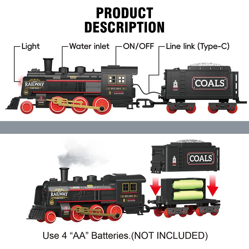 Tren de vapor Retro de simulación con luces, música, ferrocarril de alta velocidad, estacionamiento, pista eléctrica para niño, coche, juguetes para niños, modelo de montaje DIY