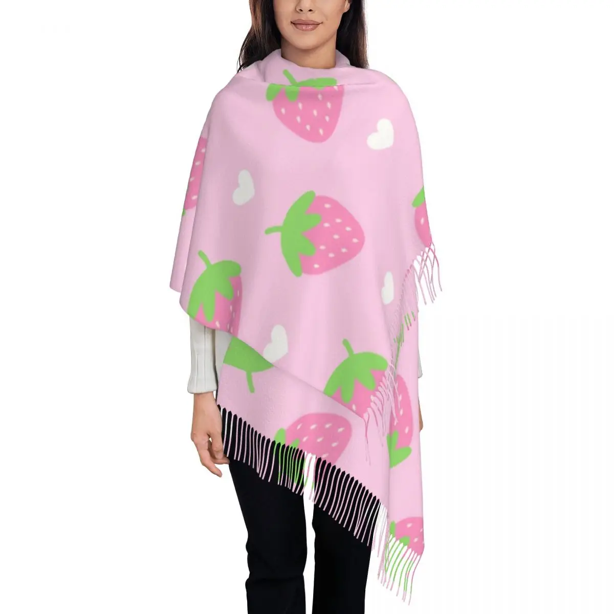 Womens Scarf with Tassel Strawberry Hearts Valentine Kawaii Sweet Fruit Large Soft Warm Shawl Wrap Gifts Cashmere Scarf