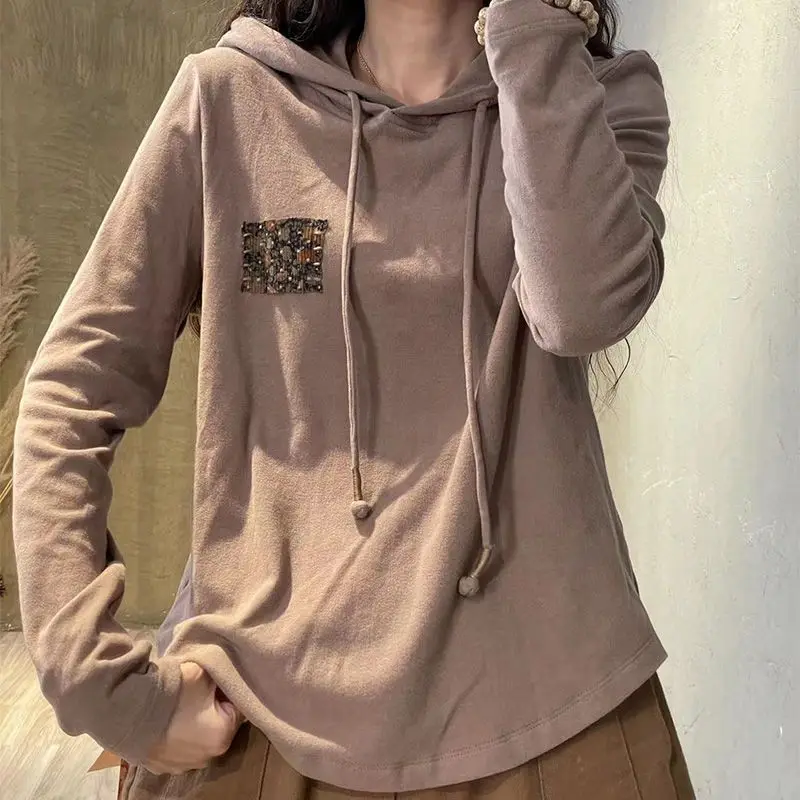 Women\'s Vintage Autumn Winter Solid Color Hooded Drawstring Printing Long Sleeve Underlay All-match Casual Pullover Hoodies Tops