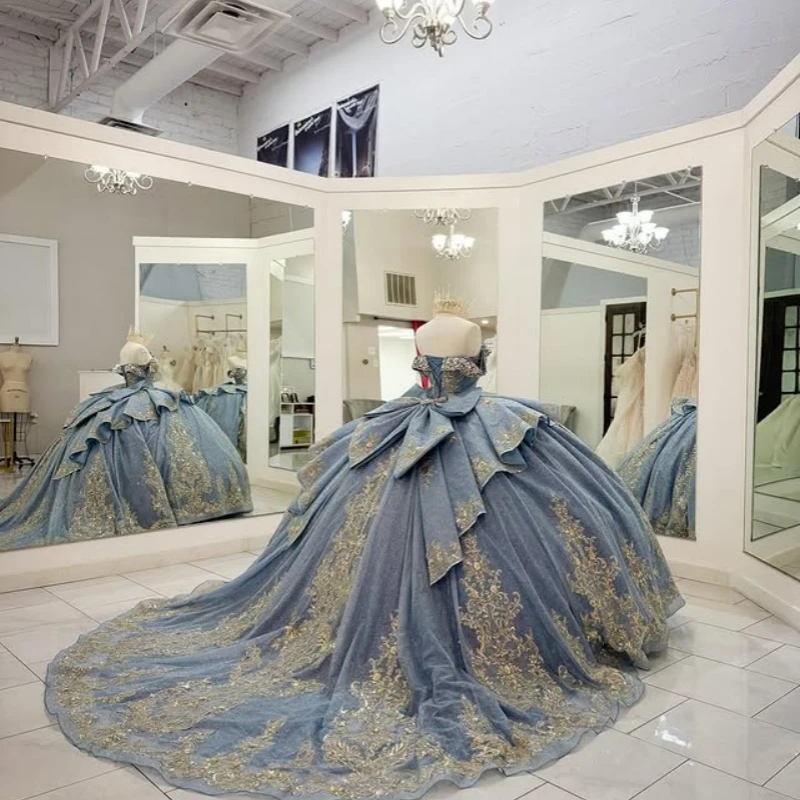 맞춤형 반짝이는 블루 킨세아녜라 드레스 오프 숄더 골든 글리터 데칼 레이어링 보우 롱테일 베스티도 15 킨세아녜라