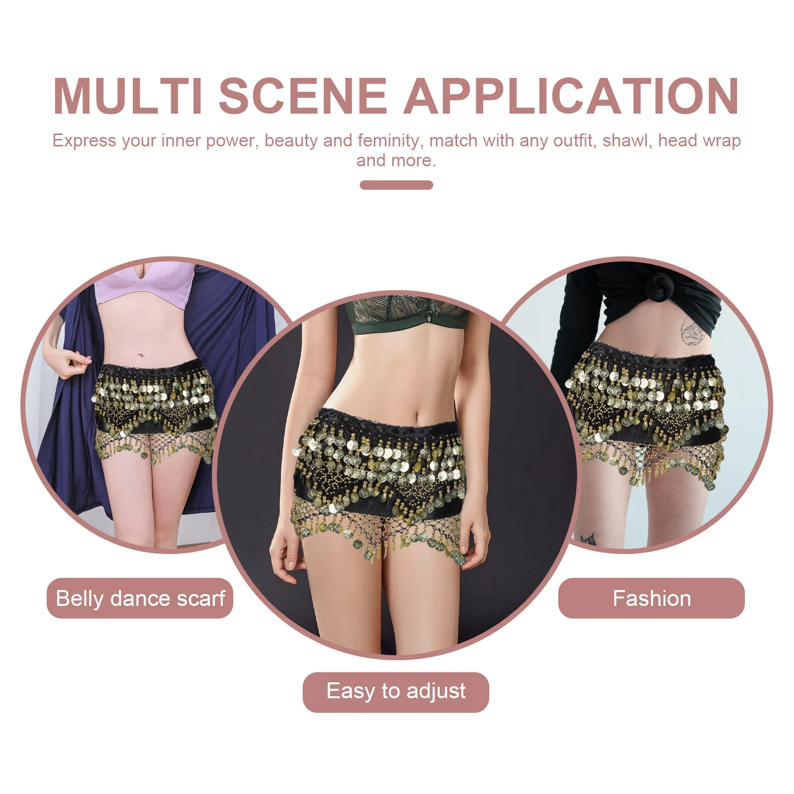 India Belly Dancing Hip Scarf Five Layer Coin Wrap Sheer Lightweight Dance Belt Adjustable for Practice Performance Daily Wear