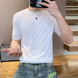 High Quality Ice Striped Knitted T-shirts Men Slim Fit Short Sleeve Round Neck Casual T-shirt Elastic Business Social Tee M-4XL