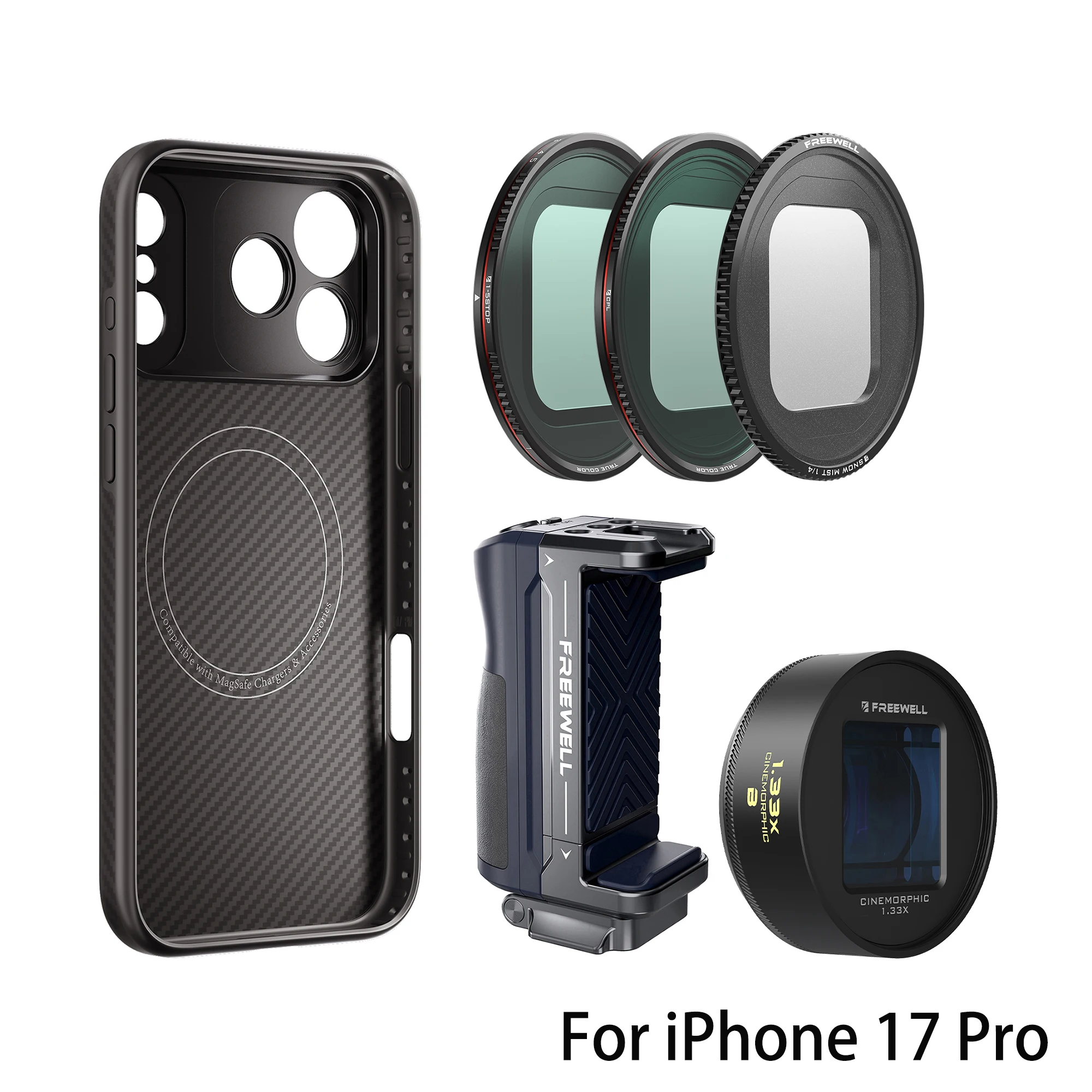 Freewell Sherpa Mega-set met telefoonhoesje met 17 mm bevestiging, 1,33x blauwe anamorfe lens en VND-filter voor iPhone 18/17/16/15 Pro & Pro Max.