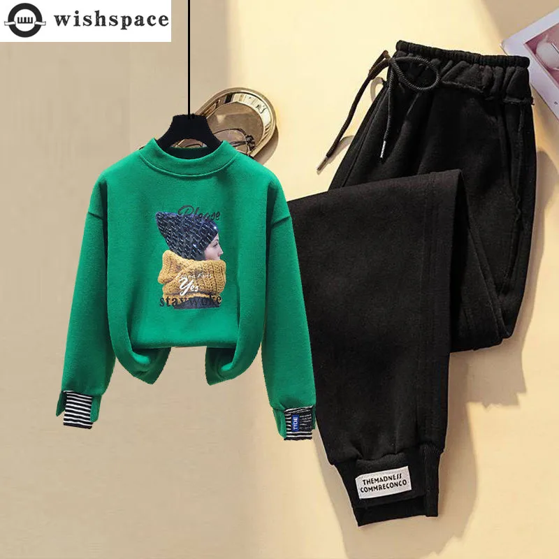 2022 Autumn New Plush Embroidery Long Sleeve T-shirt Casual Trousers Two-piece Set Elegant Daughter Pants Set Warm Outfit