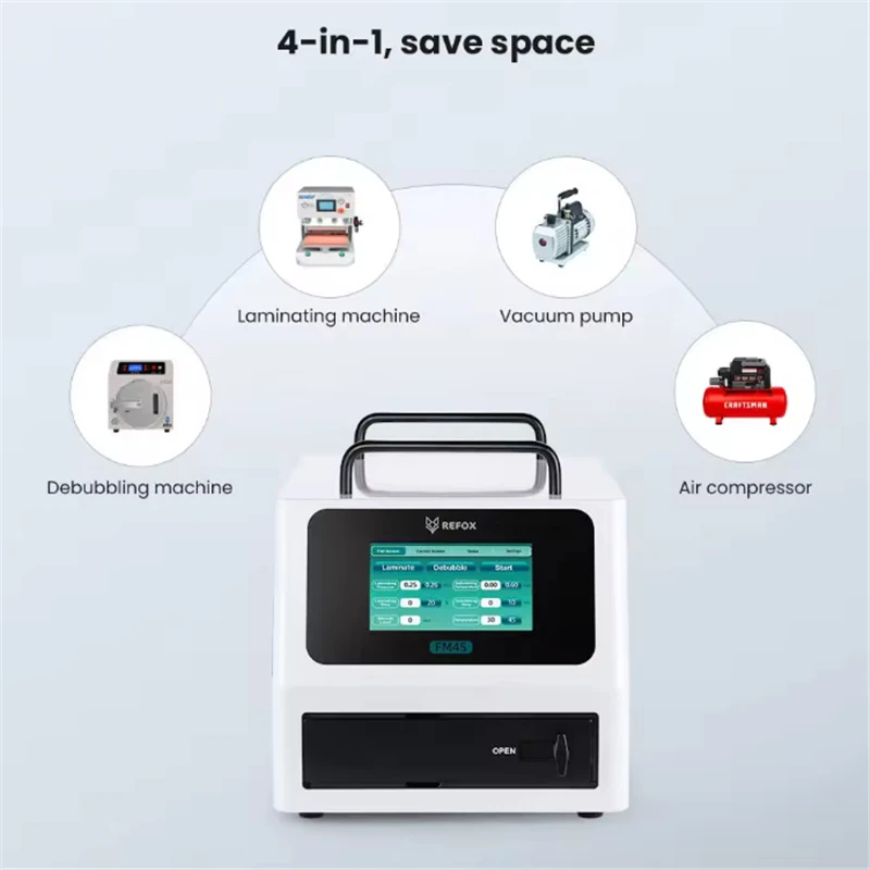 REFOX FM45 Desktop Laminating Machine for Phone Tablets Curved/Flat Screen Refurbishing Built in Air Compressor and Vacuum Pump