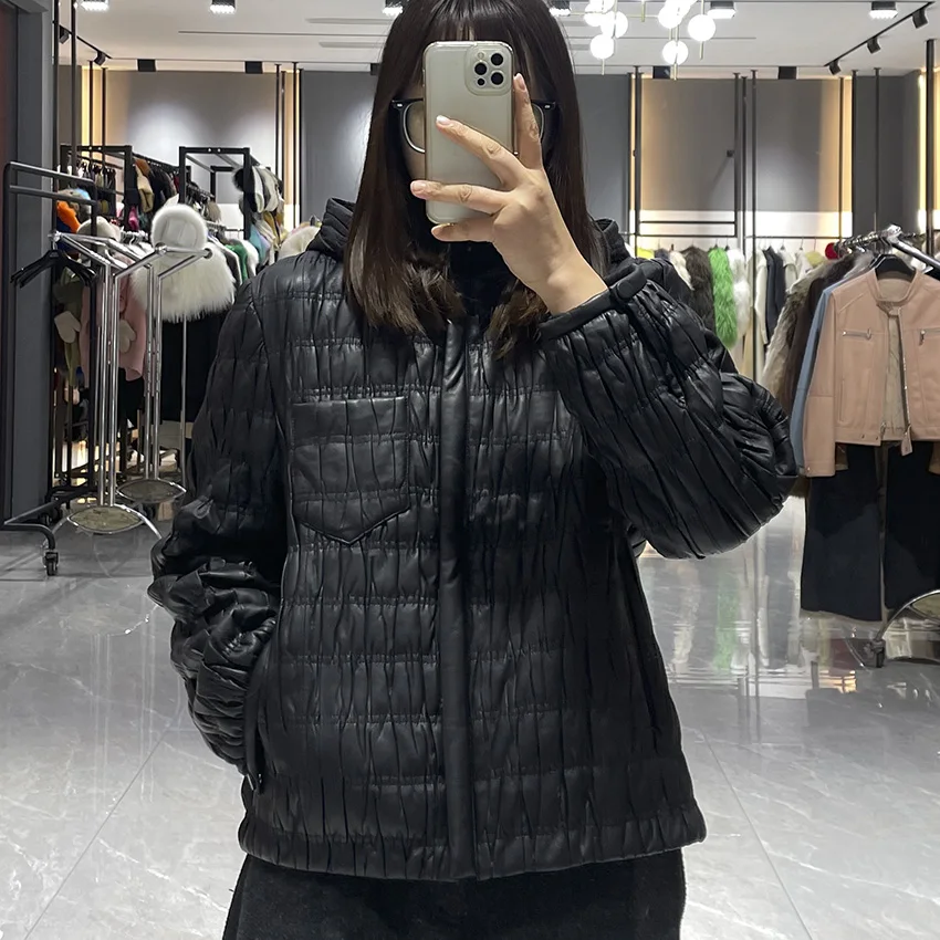 JANEFUR Giacca da donna con cappuccio in vera pelle trapuntata primavera autunno stile corto in pelle di pecora JFB6-25010