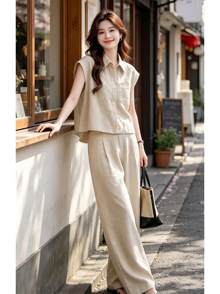 Casual Elegant Summer New Style Shirt Sleeveless High Waist Straight Leg Pants Button up Fashionable Set Women's Clothing