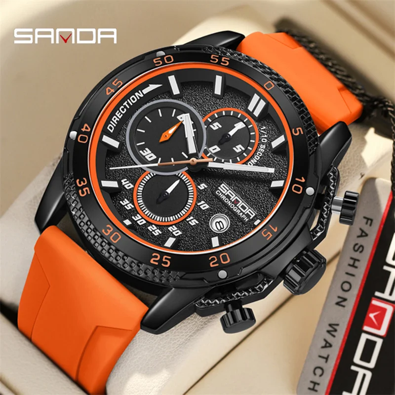 

SANDA 5314 Orange Sport Watches for Men Fashion Waterproof Luminous Chronograph Quartz Wristwatch with Auto Date Silicone Strap