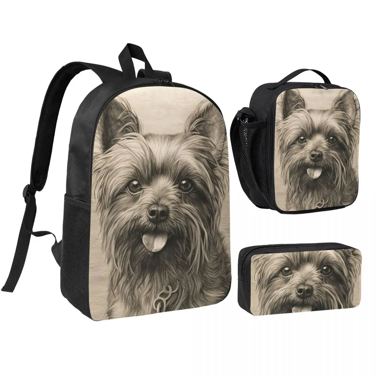 The Adorable Yorkshire Terrier Dog Backpack Boys Girls BookBag School Bag Shoulder Bags 3ps Insulated Lunch Bag Pencil Case