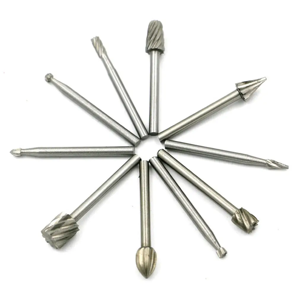 

10Pcs Cylindrical Rotary File Carving Burs Set with 10 Shapes High Speed Steel for Multi Material Processing 2.3-3Mm