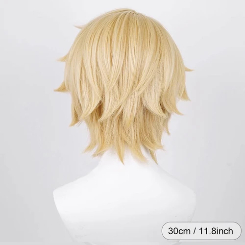 Imagen 2 del producto Peluca recta corta rubia sintética con flequillo, juego de Anime, Cosplay, esponjoso, resistente al calor para hombres, fiesta