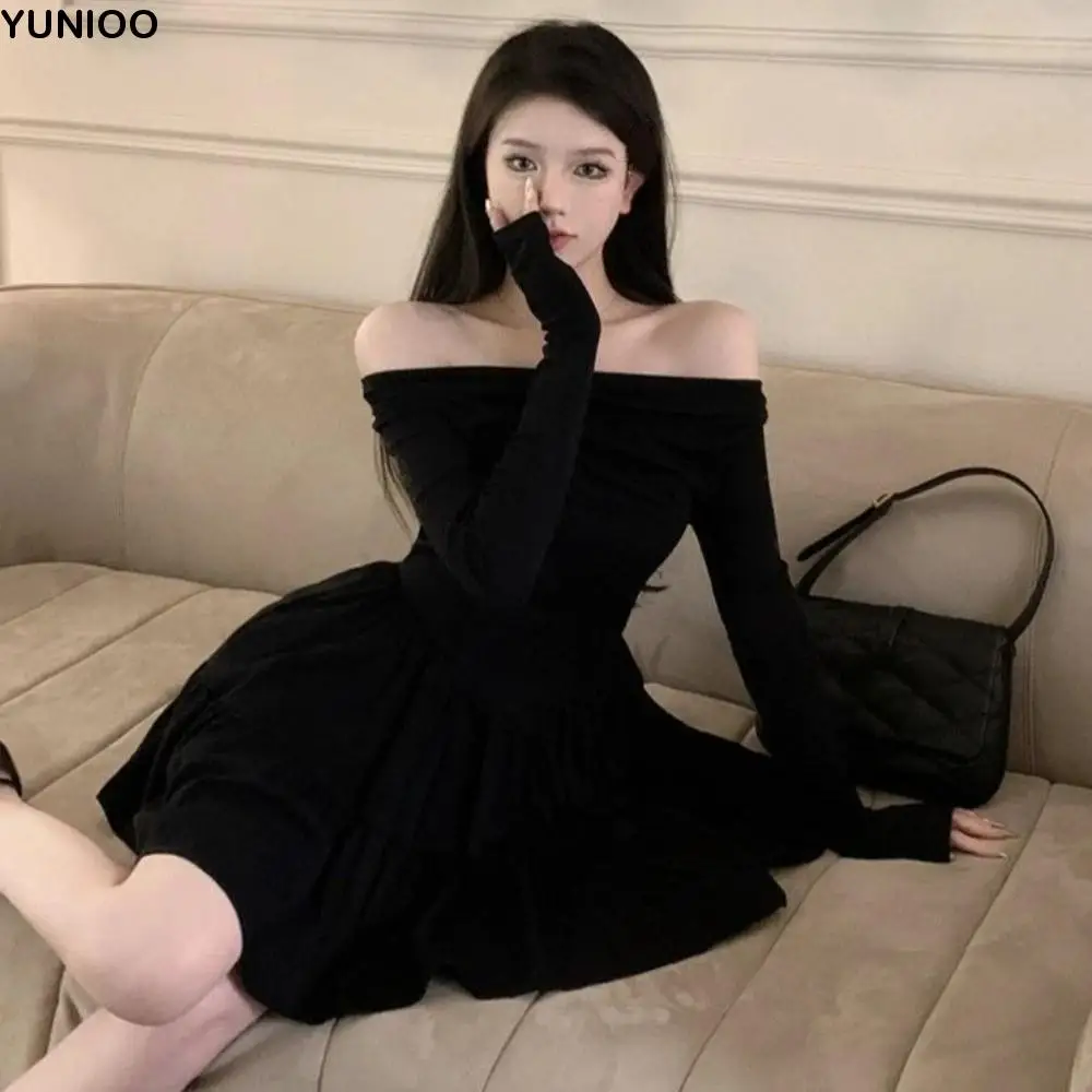 

French Sweet Long Sleeved Slim Short Skirt Korean Fashion Lightweight One Collar Dress Slim Fit Leisure A-line Short Skirt Club