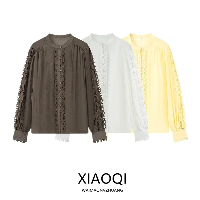 

Women's Button-Up Lace Trim irt Autumn 2025 New Design Loose Fit Long Sve Top Ele Faion European Sle