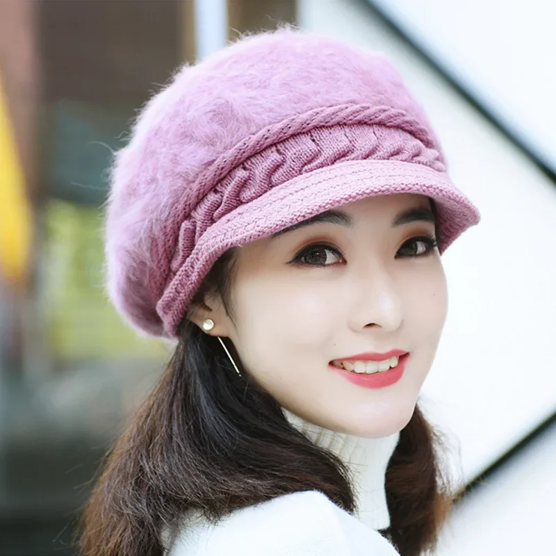 Women Winter Beret Hats Thick Knitted Rabbit Fur Caps Wool Knitted Female Berets Warm Cap Skullies Cabbie Beanies Hats