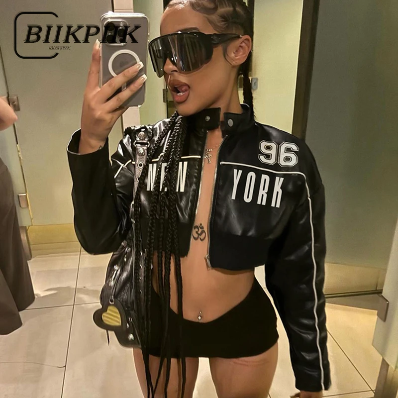 BIIKPIIK Moto&biker Letter Leather Jackets For Women Contrast Color Streetwear Zipper PU Coats Autumn Winter Fashion Jacket Club