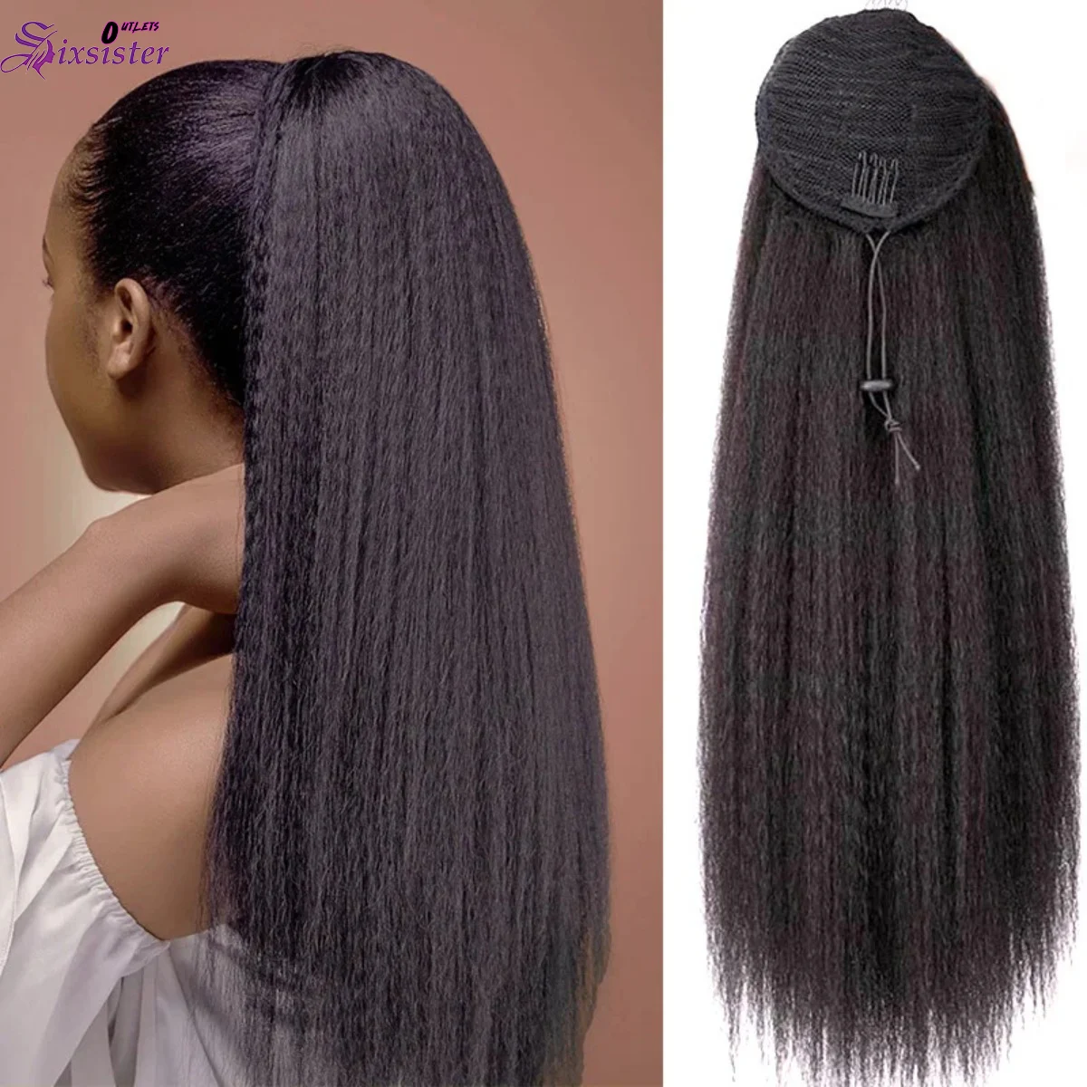 Long Kinky Straight Ponytail Extension Drawstring Wrap Around Clip In Ponytails Natural Black Thick Kinky Straight Ponytail Hair