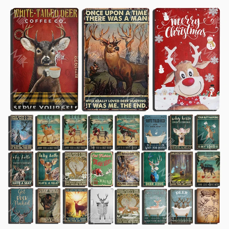 

Vintage Deer Plate Vintage Style Wall Stickers Metal Poster Cartoon for Sweet Home Bedroom Coffee Living Room Christmas Gift