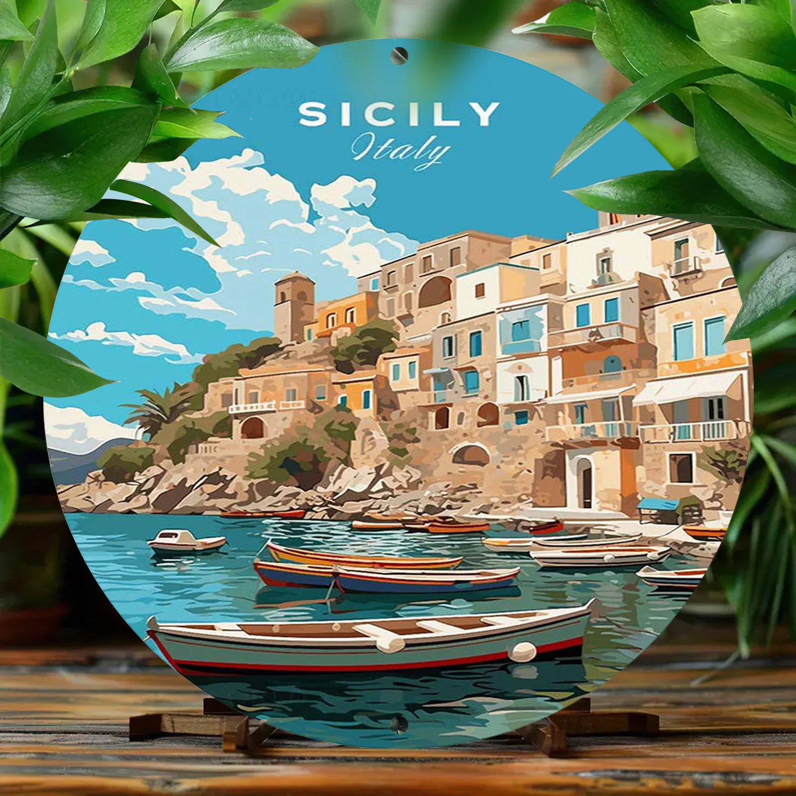 1pc Sicily Italy Coastal Scene Round Aluminum Metal Sign - 8x8 Inch Decorative Art Print for Home & Garden, Pre-drilled, Weather