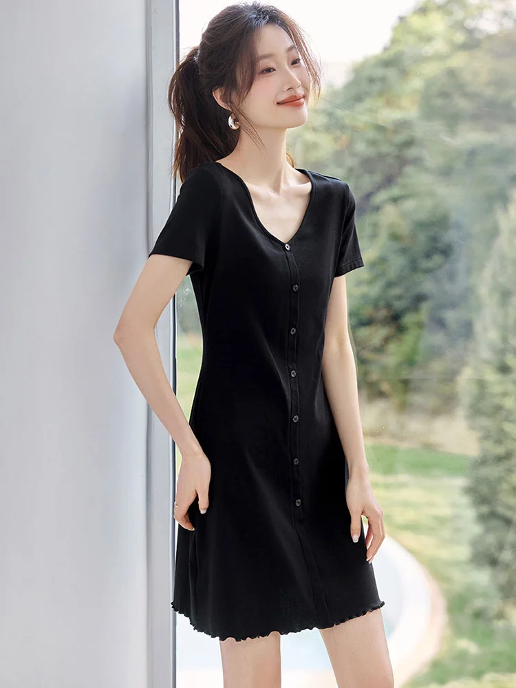 

Elegant V-Neck Short Sleeve Knitted Dress Pure Color Waist-Cinching Midi Skirt Design Summer Commute Style Korean Straight Cut