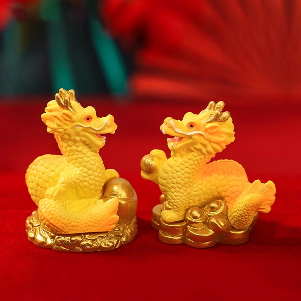 4 Pcs Toys 2024 New Year Dragon Ornaments Miniature Animal Figure Adornment Resin Desk Figurine Golden Desktop Tiny Statues