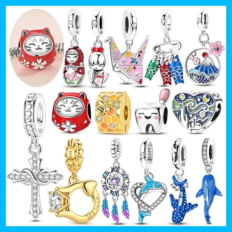 Origami Whale Dolphin Tooth Bee CZ Original Charm Silver Plated Beads Fit Bracelets Bag Keychain Charms Diy Women Gift Accessory
