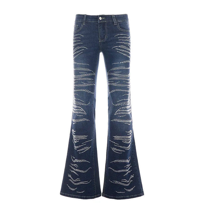 American-style street fashion diamond-studded low-waist denim pants for women slim-fitting and slimming slightly flared Pants