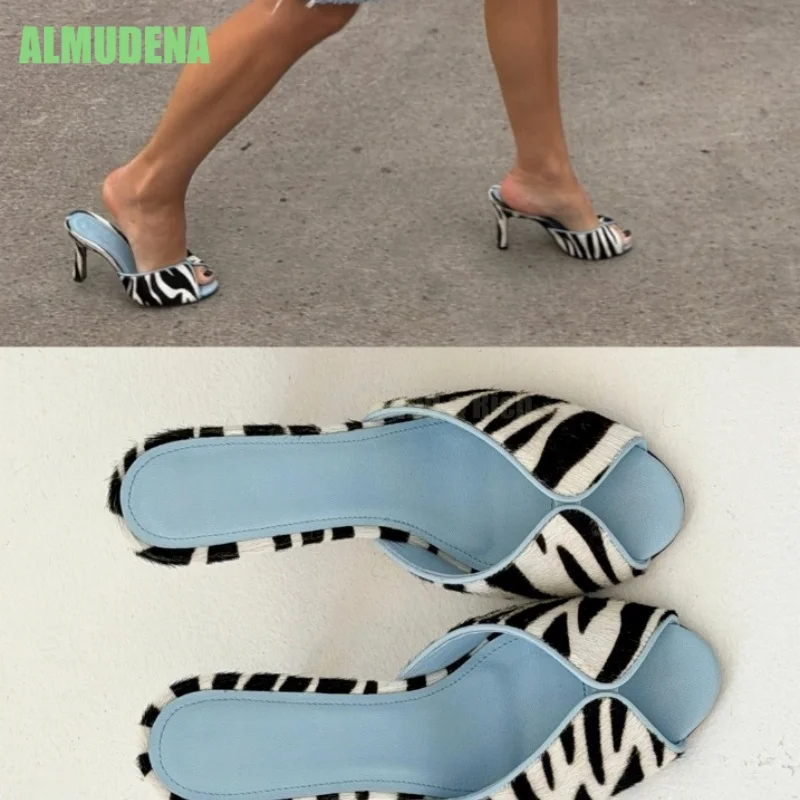 Zebra Print V-Cut Peep Toe Mule Heels Calf Hair Slip On Kitten Heel Summer Party Clubwear Streetwear Women Footwear