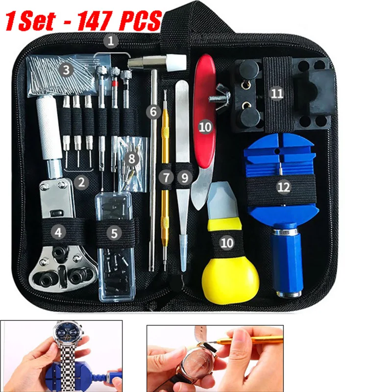 147 Parts Watch Repair Tool Kit for Disassembly Installation Maintenance Adjusting Straps Replacing Batteries Watchmaker Tools