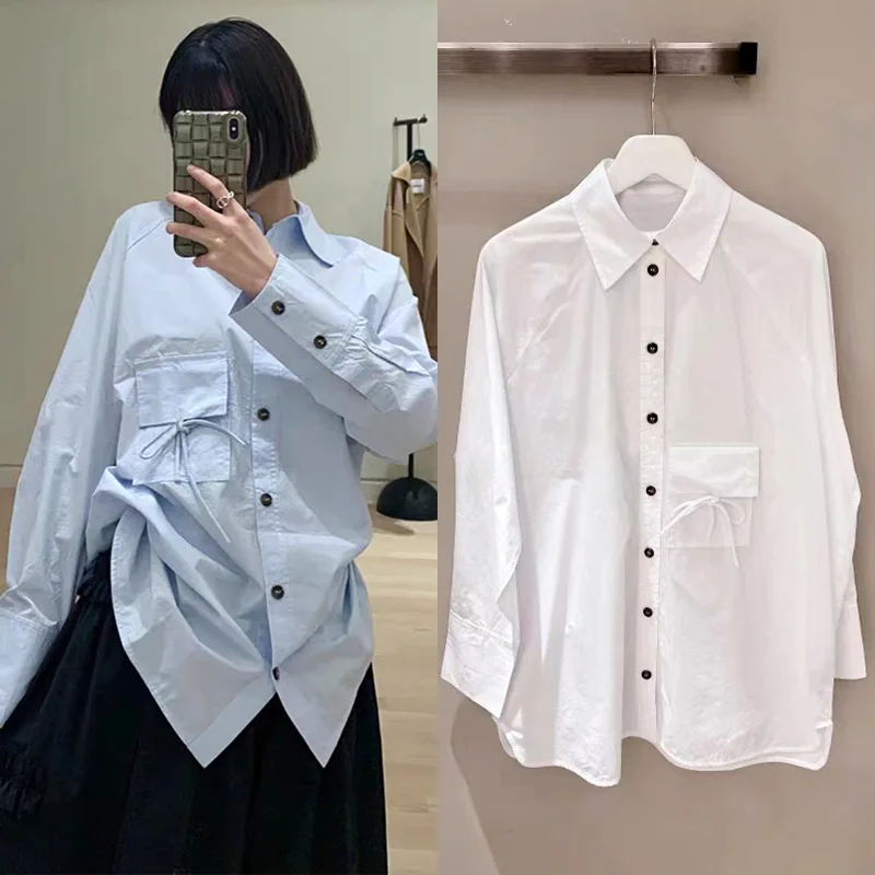 Women's Shirt Turn Down Collar Single Breasted Lace-up Pockets 2024 Spring New Casual Raglan Sleeves Tops