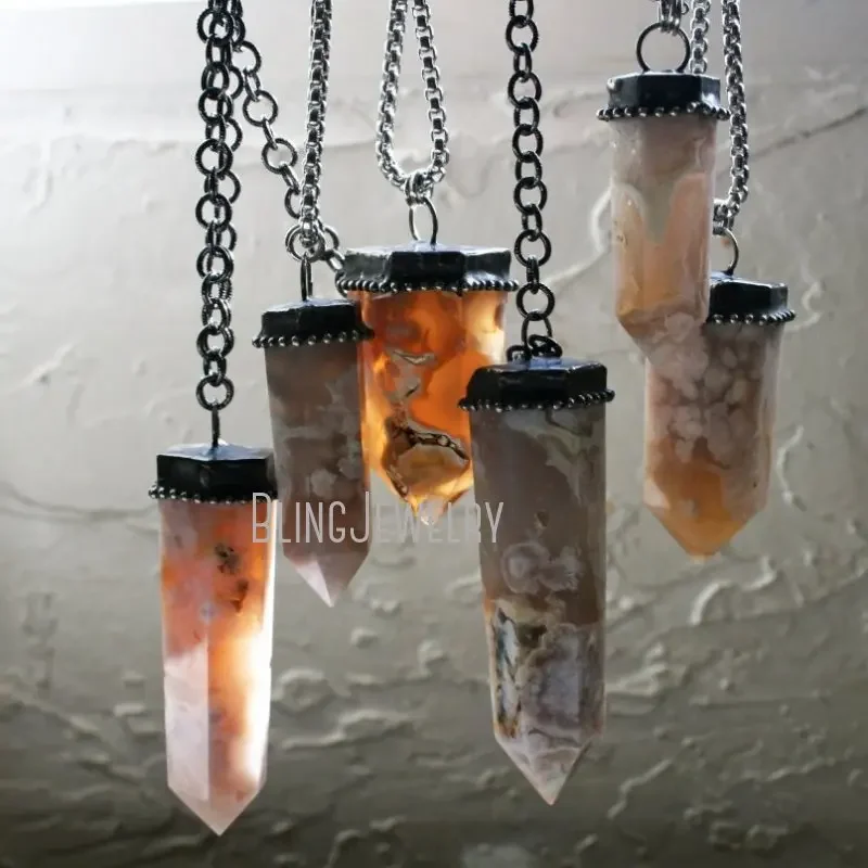 10pcs Flower Agate Crystal Tower Pendulum Necklace Talisman Witch Wicca Goth Jewelry Women Y2K Arcane Collar