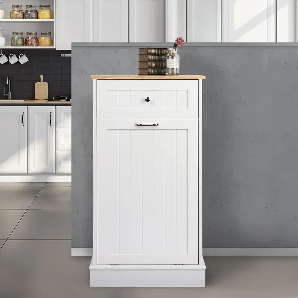 

Vintage-Inspired Beadboard Kitchen Island with Solid Wood Top and Single-Door Laundry Cabinet in White