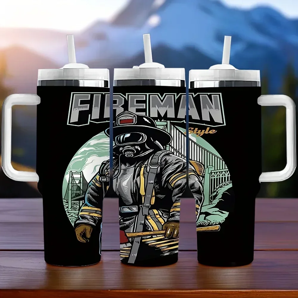 40oz Insulated Tumbler with Handle, Fireman Printed Water Cup, Long Lasting Heat Preservation, Great Gift for Firemen, Suitable for Daily Outdoor Use, Ideal Holiday And Birthday Gift