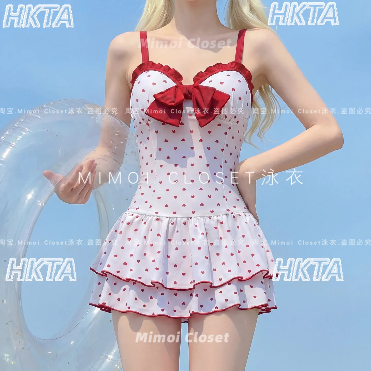 Japanese Vacation Beach Summer Cute Heart Shaped Sweet One Piece Bikini Bow Pleated Halter Cake Suspender Dress Swimsuit Women