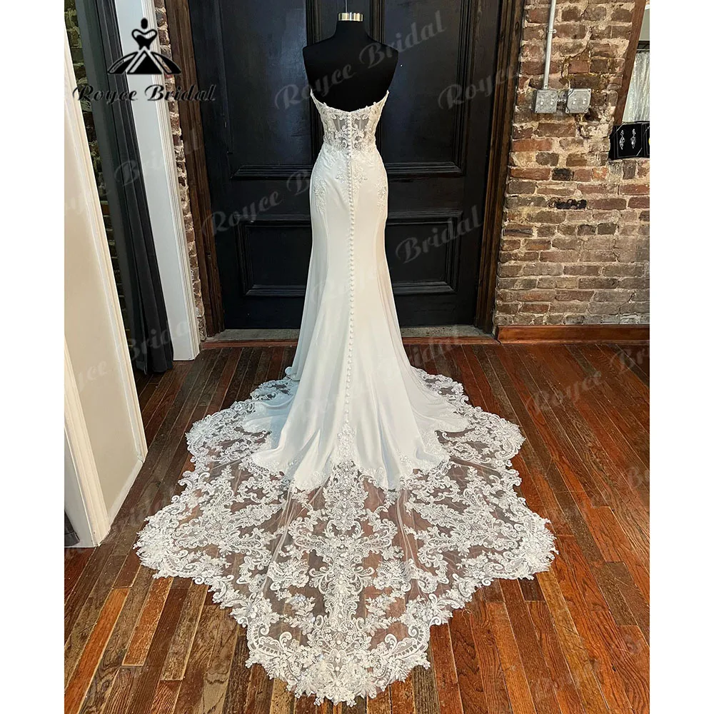 Vestido de novia de lujo con apliques de encaje, hombros descubiertos, sirena/trompeta, manga corta, corte sirena, Roycebridal