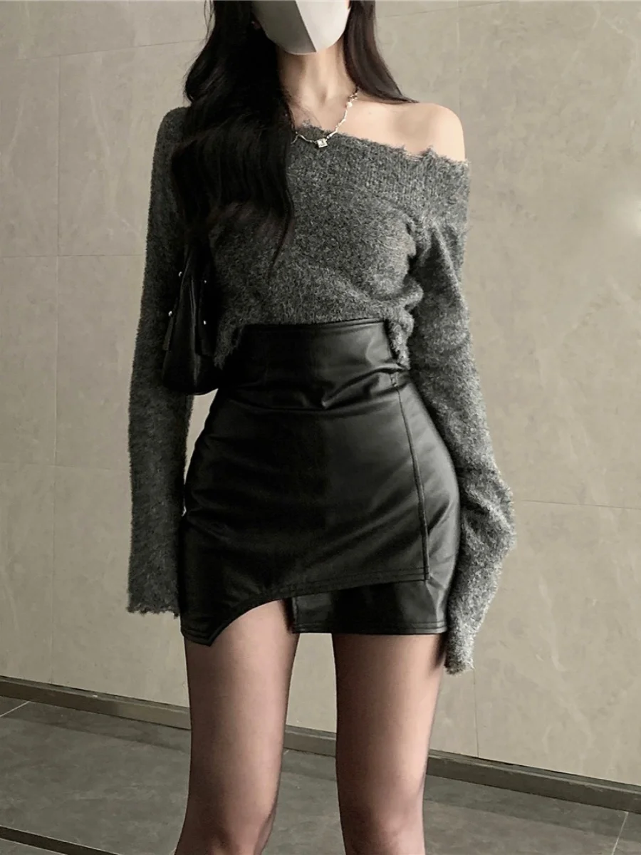 

High Waist A-Line Skirt Women's Autumn Winter PU Leather Skirt Slimming Design Sense Half-length Short Skirt