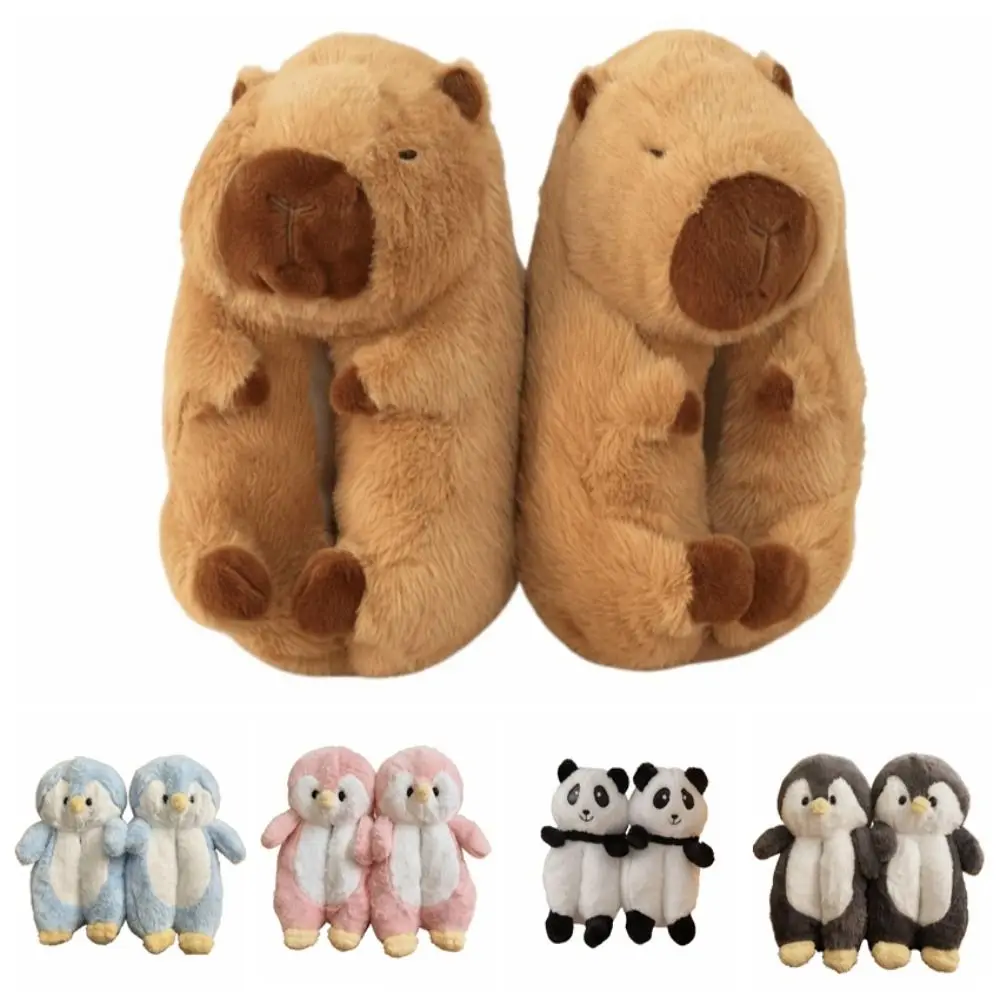 캐주얼 판다 카피바라 플러시 슬리퍼 홈웨어 두꺼운 따뜻한 펭귄 털 슬리퍼 미끄럼 방지 만화 겨울 면화 신발 커플용