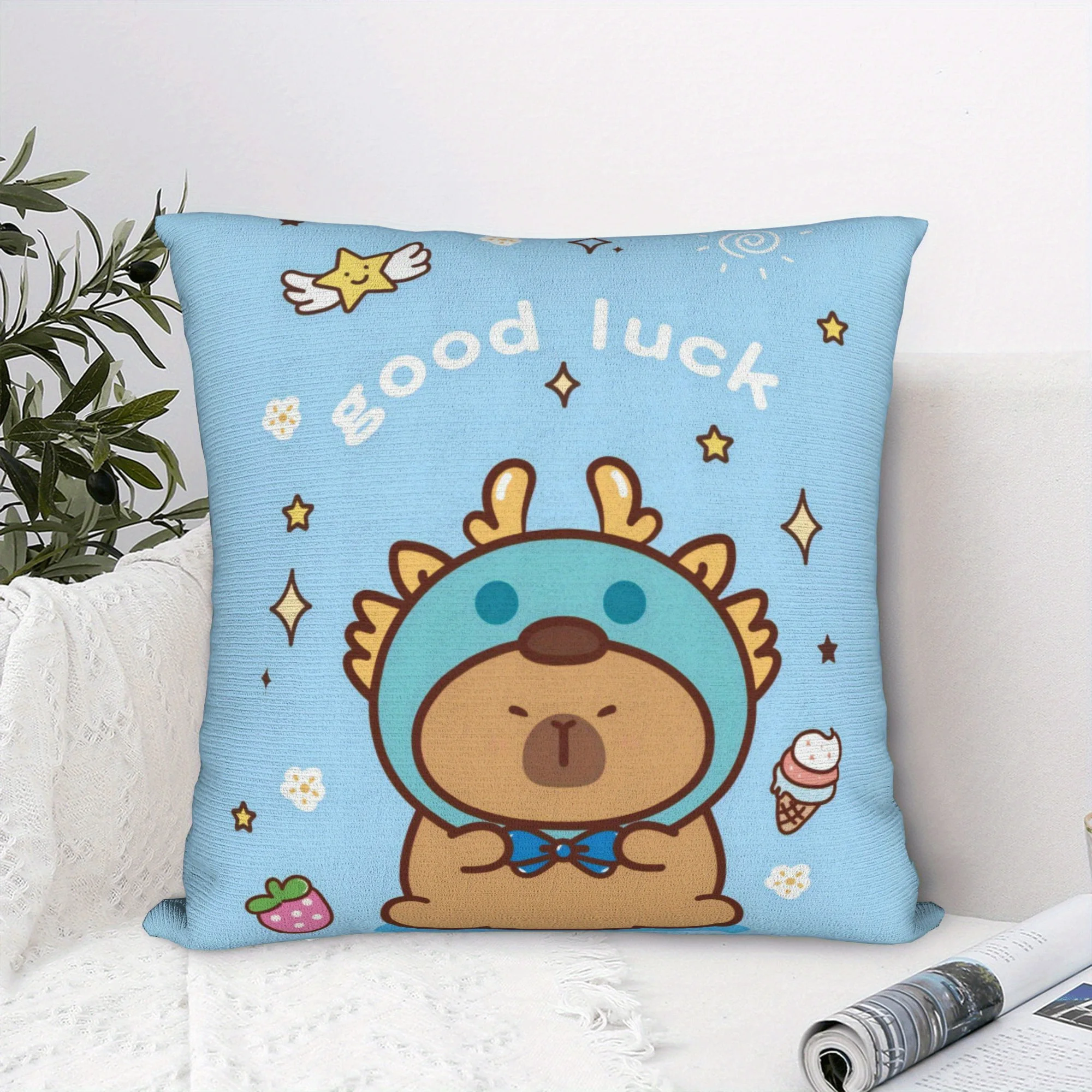 Light Blue Pillow Cover Cute Capybara Cartoon with Good Luck Text Stars Ice Cream Strawberry 18x18 Inch Square Decor