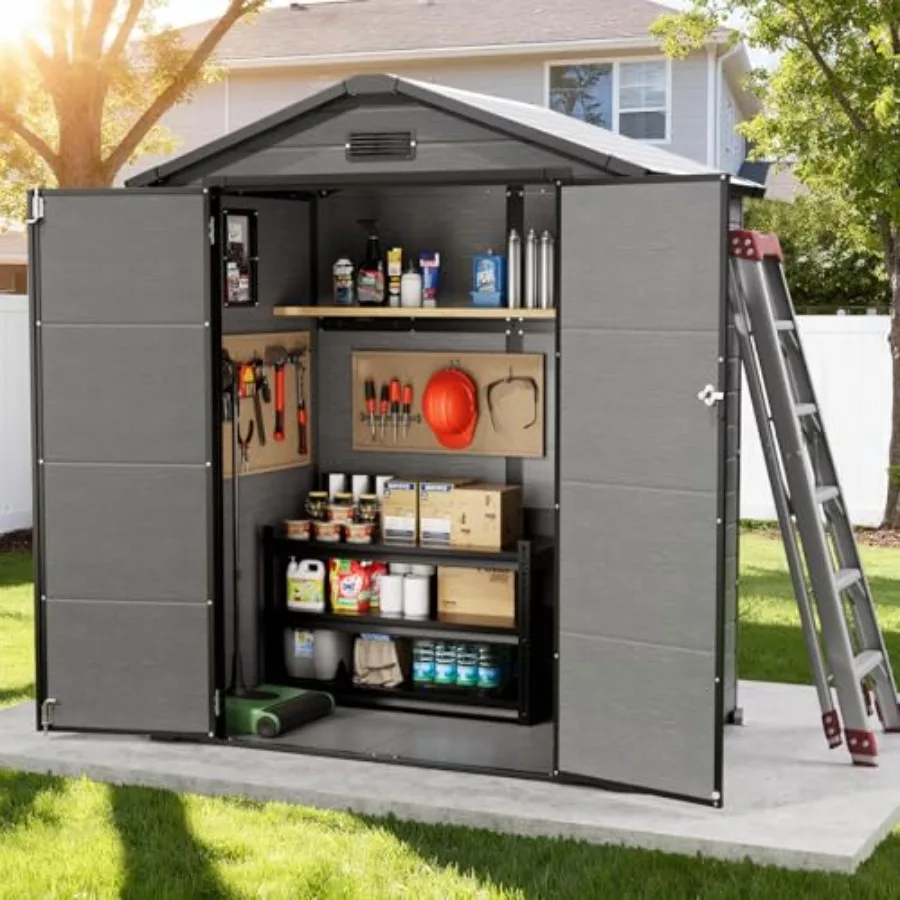 Outdoor storage shed for backyard use, durable plastic material, gray color, includes floor for stability and weather resistanc