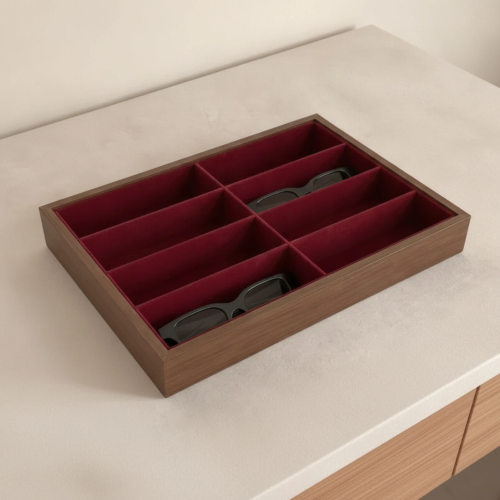 Organizador De Gafas De Sol Protector Eyewear Organizer Sunglass Display Case Lined Compartment Tray with Wood-Grain Frame