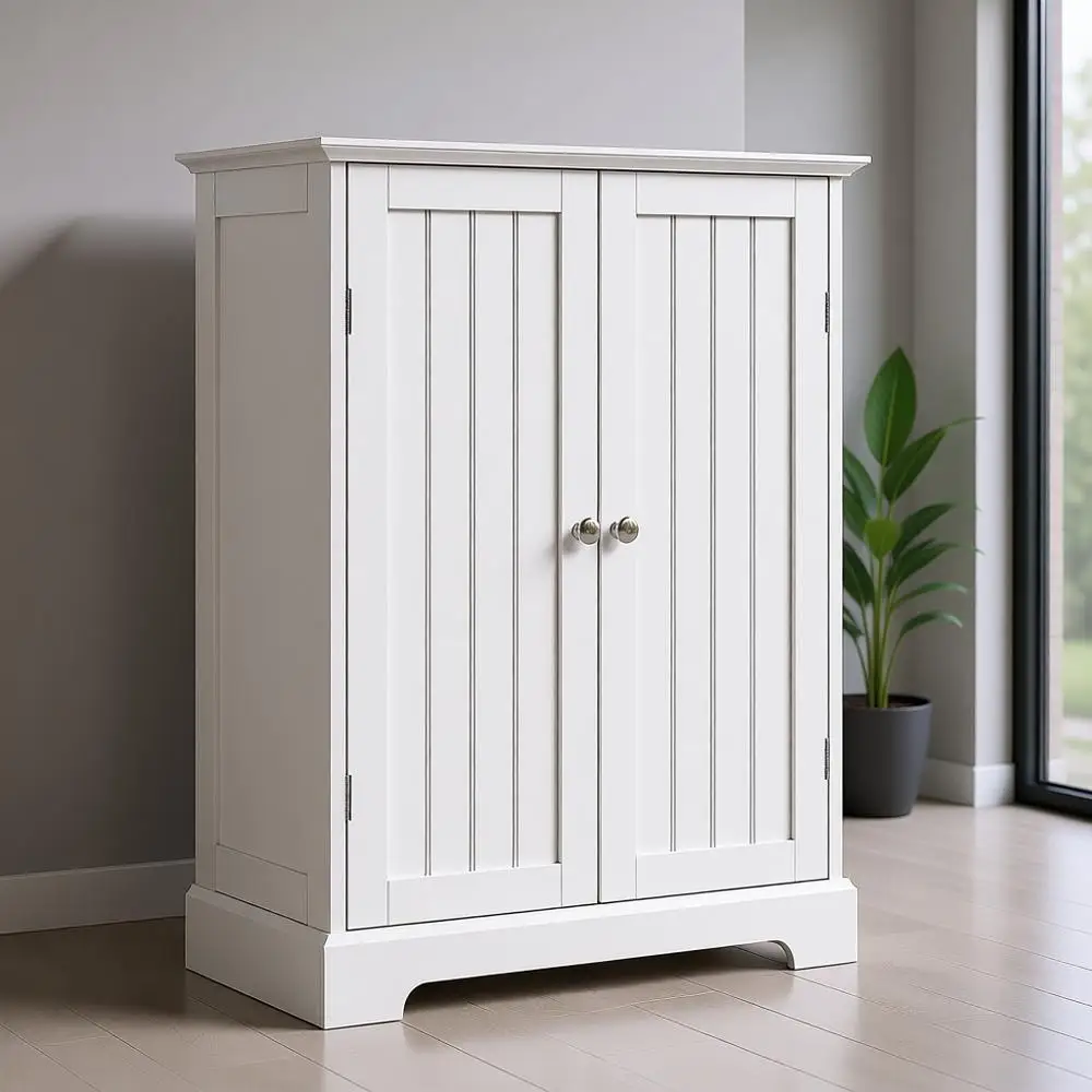 

White Freestanding Bathroom Storage Cabinet with 2 Doors and Adjustable Shelves for Living Room Use