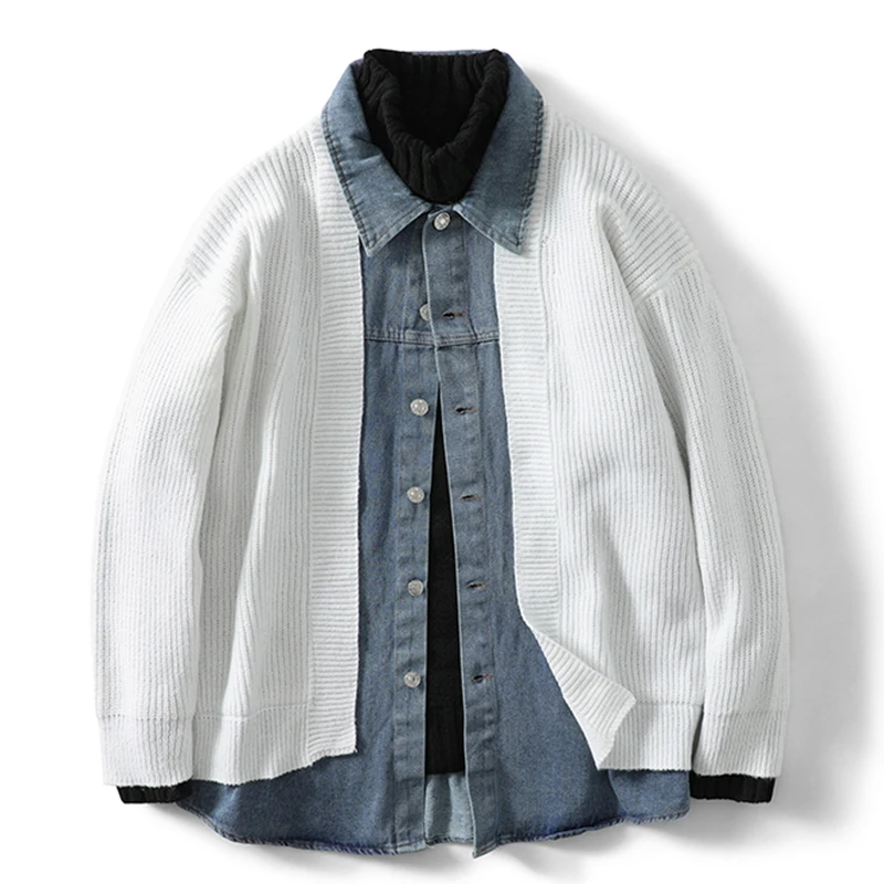 

Мужская джинсовая куртка из двух предметов, весенне-осенняя новая корейская свободная повседневная вязаная куртка, ленивое модное черное пальто с лацканами