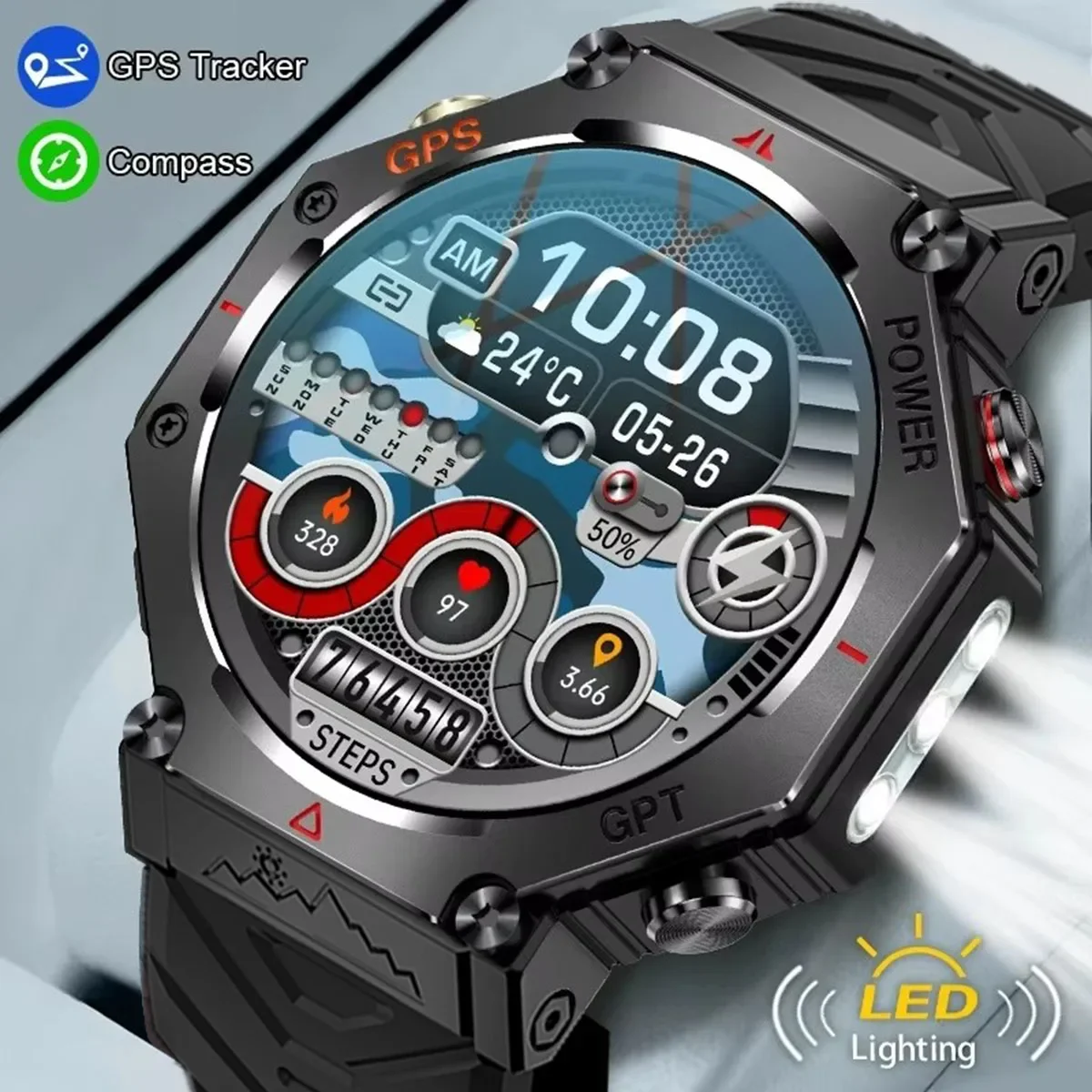 

Smart Watch Sports Waterproof Heart Rate Blood Oxygen Monitor Bluetooth Call GPS Compass Fitness Tracker for Outdoor Activities