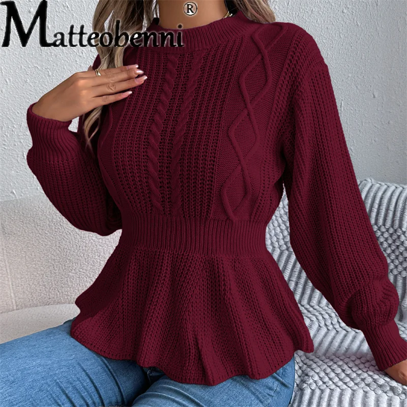 2025 Female Winter Casual Frill Knitted Sweater Women Elegant Long Sleeve Pullover Autumn Lady Solid Color O Neck Warm Jumpers