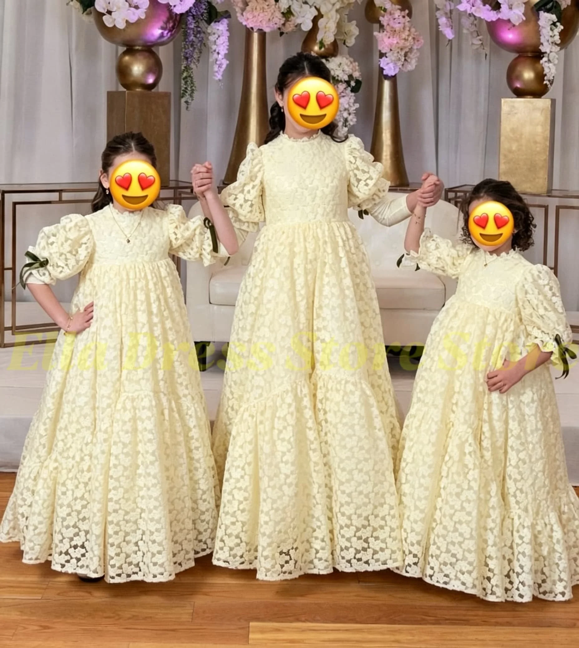 Blumenmädchenkleid Weiß mit Ballonärmeln, Blumenmädchenkleider für Hochzeiten, Ausgeschnittene Spitze, Langes Prinzessinnenkleid für Kinder, Festkleid für Mädchen – Detail 5