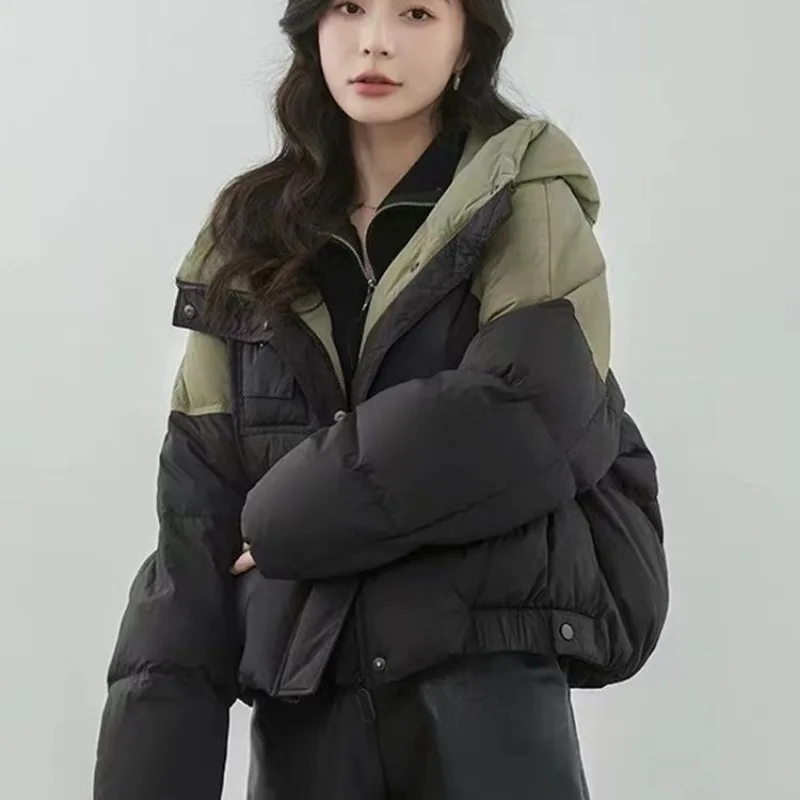 Winter Warmth Puffer Jacket Women's New Down Jacket Trend Patchwork Hooded Oversized Cropped Jackets for Women Zipper Outerwear