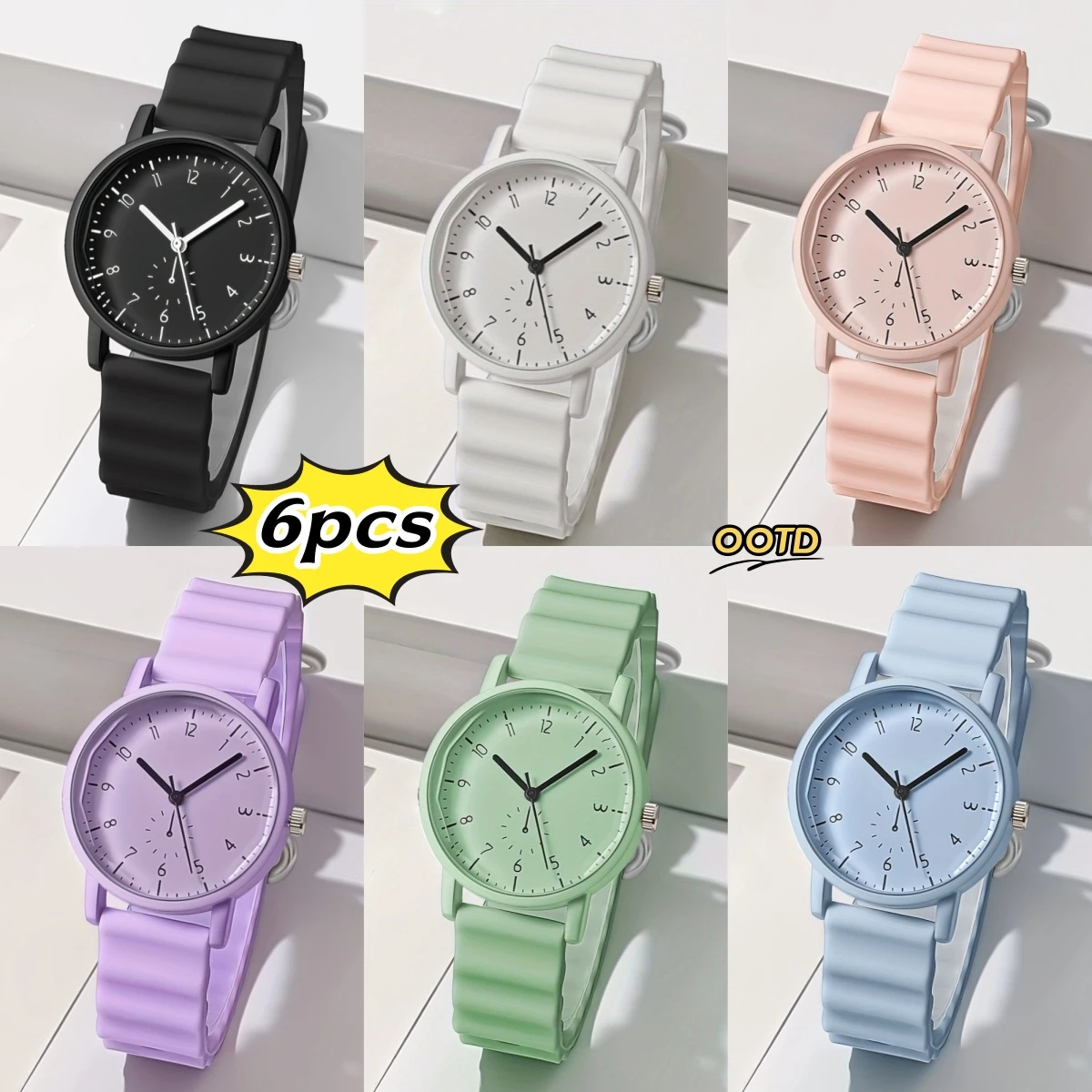 6 pieces/set of cute macaron colored quartz watches, casual circular pointer style analog fashion silicone watches for daily wea